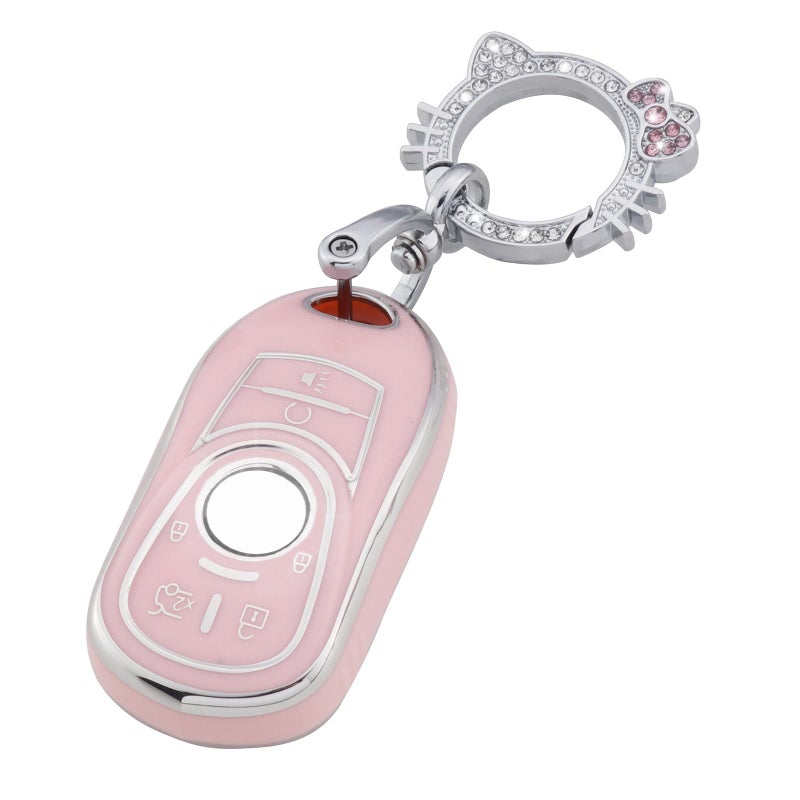 Pangpai Pink Key Fob Cover for Buick, Soft TPU Key Case Protection with Bling Keychain Fit for Buick Encore Enclave Lacrosse Envision Verano Regal GL8 5 Buttons Smart Key - Image 1